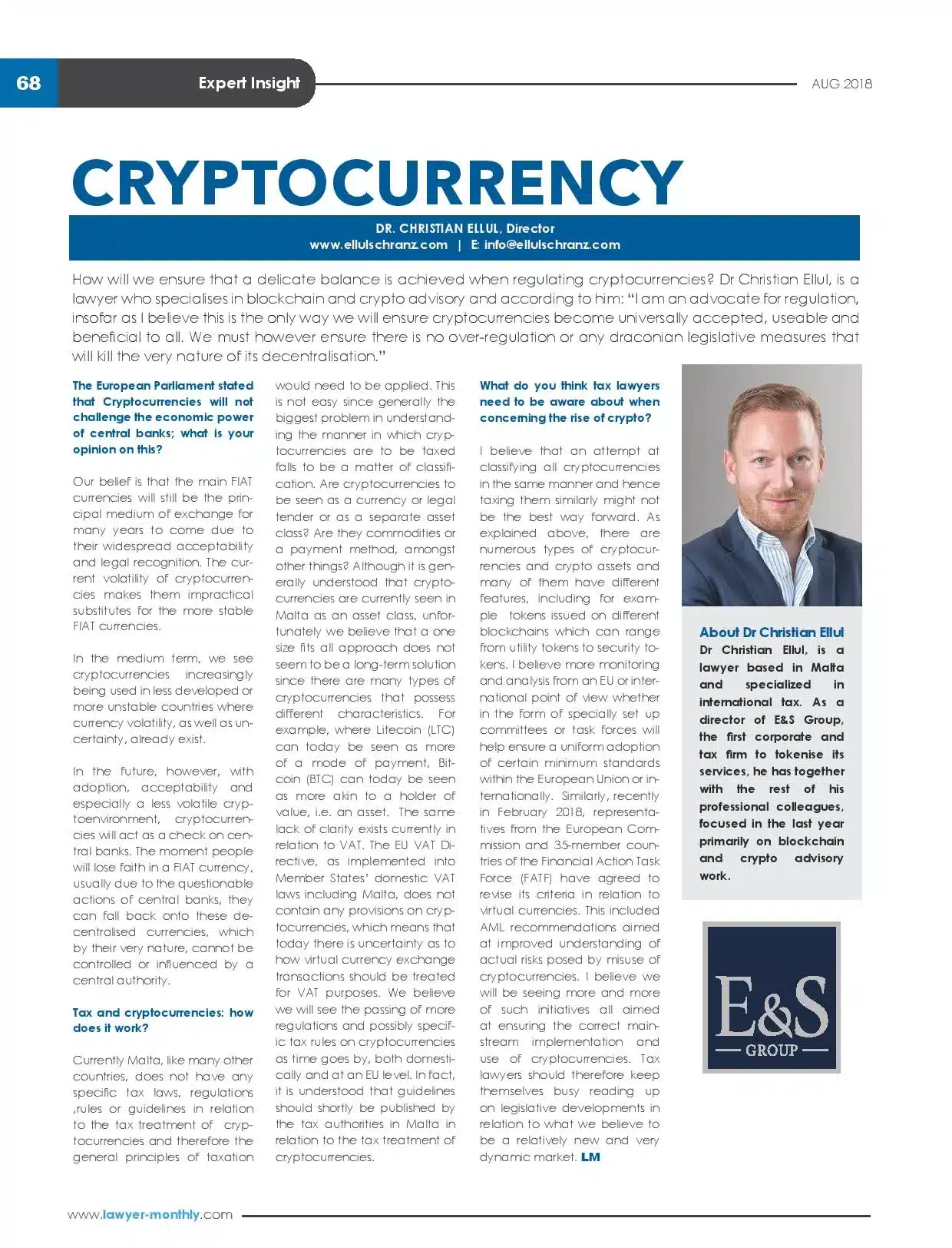 CRYPTOCURRENCY: Dr Christian Ellul on Lawyer Monthly